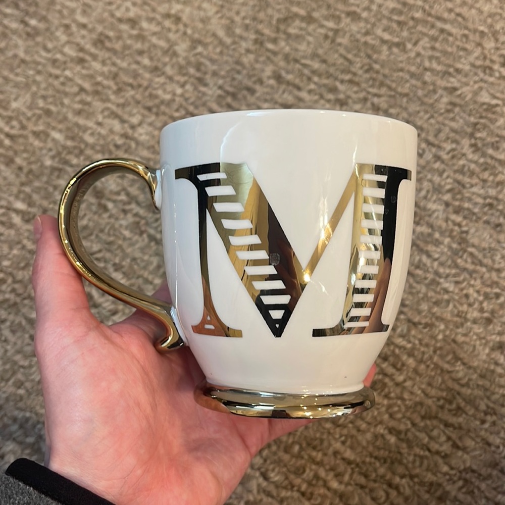 Ciroa Vintage Monogram M Porcelain White Gold Large Footed Coffee Mug